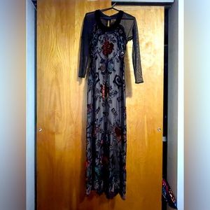 No Label. Mesh and Velvet Maxi Dress. Long sleeve. High collar. Small .